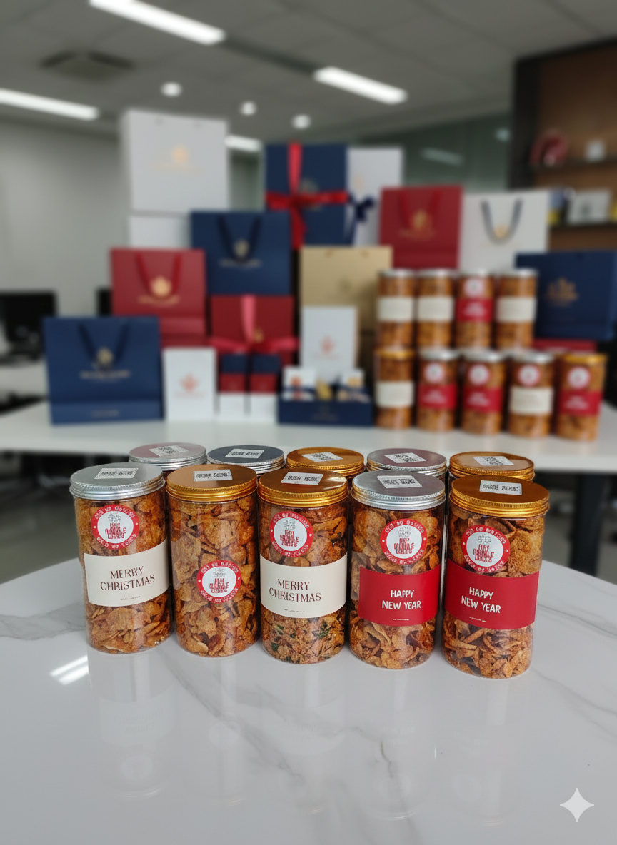 Bulk order Emping crackers displayed for corporate gifting – Indonesia snacks in festive bottles, suitable for Christmas gifts or CNY cookies