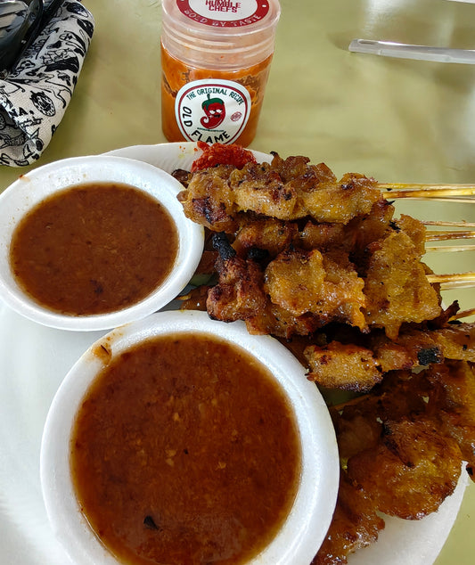 A Fiery Plate at Circuit Road: Veggie Hokkien Mee, Old Flame Chili, and Satay on the Side