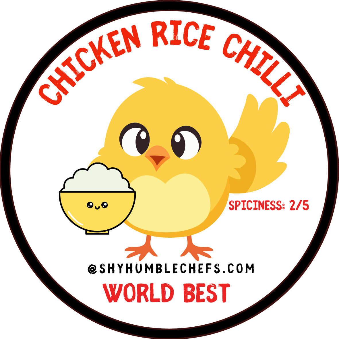 Chicken Rice Chilli label with garlic chili branding and adorable chicken mascot illustration. Designed for Singapore’s iconic Hainanese chicken rice pairing.