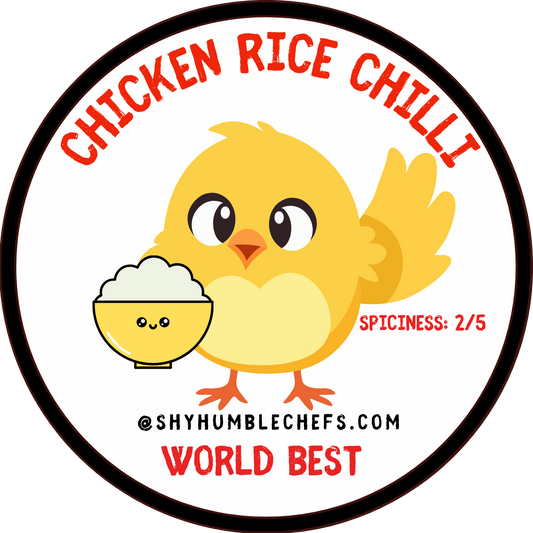 Chicken Rice Chilli label with garlic chili branding and adorable chicken mascot illustration. Designed for Singapore’s iconic Hainanese chicken rice pairing.