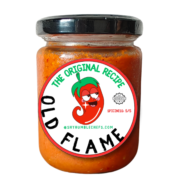 Old Flame spicy chili sauce Singapore – front view of glass jar with red sambal paste