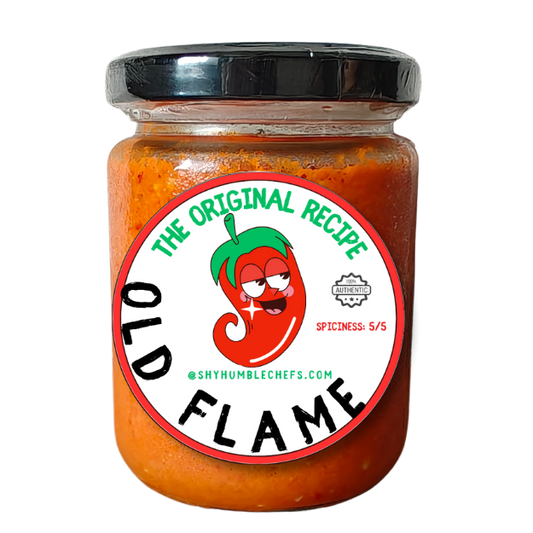 Old Flame spicy chili sauce Singapore – front view of glass jar with red sambal paste